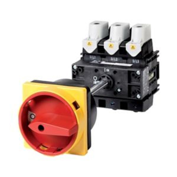 Main switch, P5, 160 A, rear mounting, 3 pole, Emergency switching off function, With red rotary handle and yellow locking ring, Lockable in the 0 (Of image 4