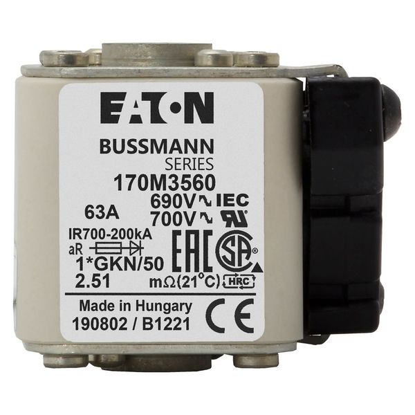 Fuse-link, high speed, 63 A, AC 690 V, compact size 1, 45 x 59 x 51 mm, aR, IEC, UL, type K indicator, 18 UNC image 12