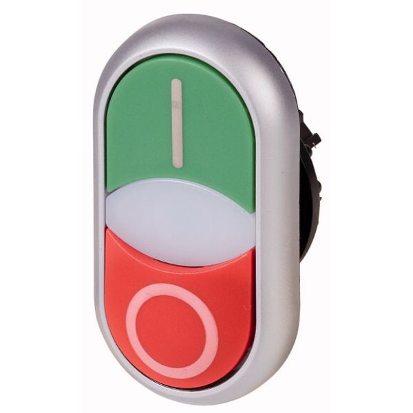 Double actuator pushbutton, RMQ-Titan, Pushbutton actuator I and indicator light flush, pushbutton actuator 0 non-flush, momentary, White lens, green, image 1