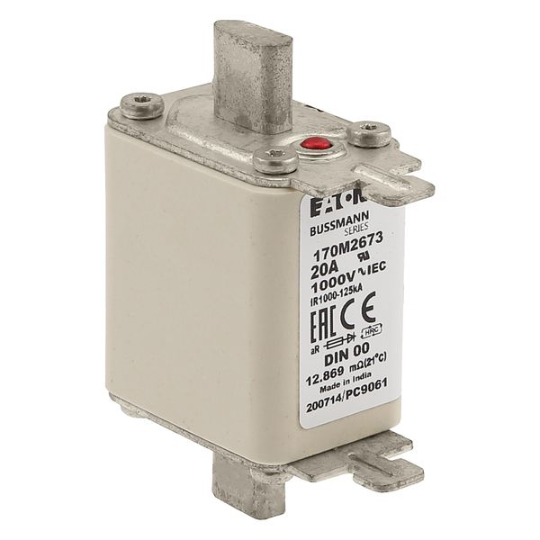 Fuse-link, high speed, 20 A, AC 1000 V, DIN 00, aR, DIN, IEC, single indicator, live gripping lugs image 25