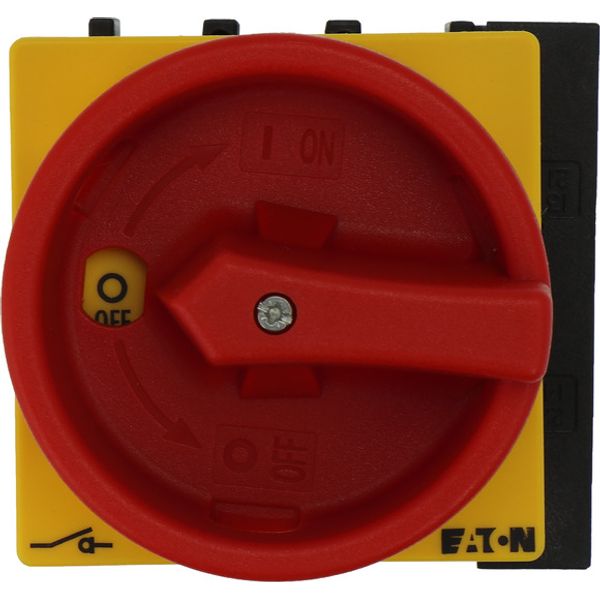 Main switch, P1, 40 A, flush mounting, 3 pole, 1 N/O, 1 N/C, Emergency switching off function, With red rotary handle and yellow locking ring, Lockabl image 1