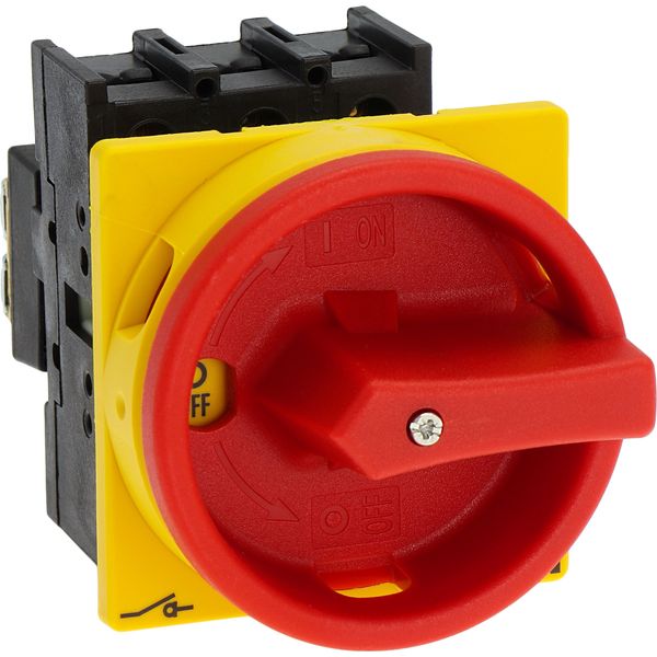 Main switch, P1, 32 A, flush mounting, 3 pole, Emergency switching off function, With red rotary handle and yellow locking ring, Lockable in the 0 (Of image 37