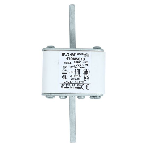 Fuse-link, high speed, 700 A, AC 690 V, size 2, 61 x 77 x 135 mm, aR, IEC, UL, no indicator, 90 mm centres image 4