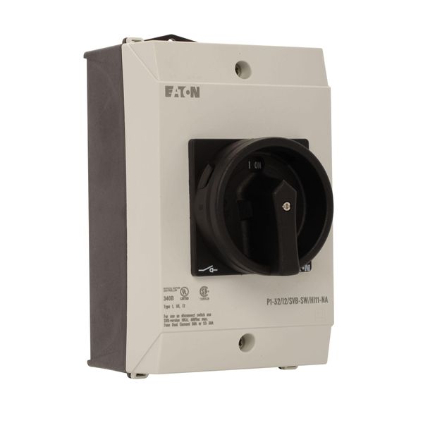 Main switch, P1, 32 A, surface mounting, 3 pole, 1 N/O, 1 N/C, STOP function, With black rotary handle and locking ring, UL/CSA image 7