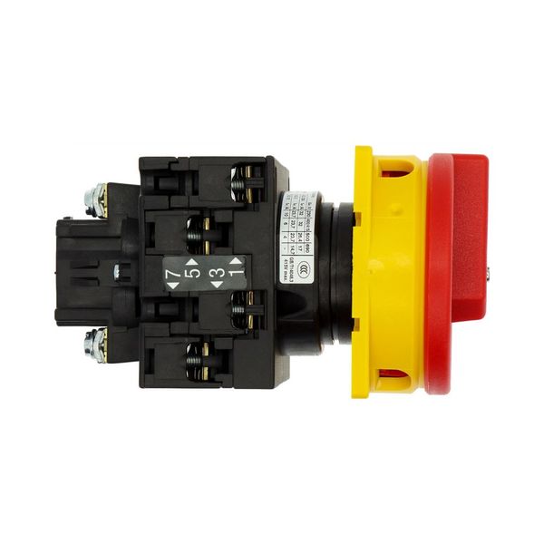 Main switch, T3, 32 A, flush mounting, 2 contact unit(s), 4 pole, Emergency switching off function, With red rotary handle and yellow locking ring image 12