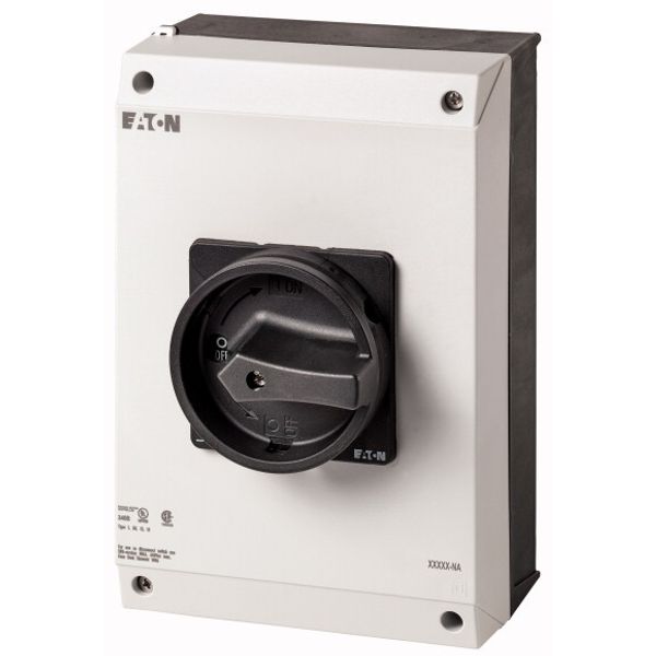 Main switch, P3, 63 A, surface mounting, 3 pole, 1 N/O, 1 N/C, STOP function, With black rotary handle and locking ring, UL/CSA image 1