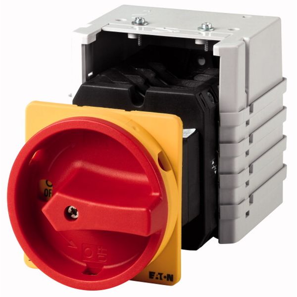 Main switch, T5, 100 A, rear mounting, 5 contact unit(s), 10-pole, Emergency switching off function, With red rotary handle and yellow locking ring image 1