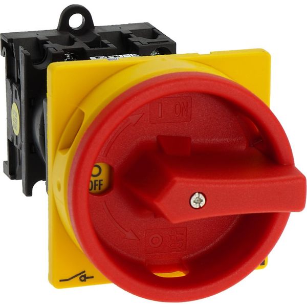 Main switch, T0, 20 A, rear mounting, 1 contact unit(s), 2 pole, Emergency switching off function, With red rotary handle and yellow locking ring, Loc image 21