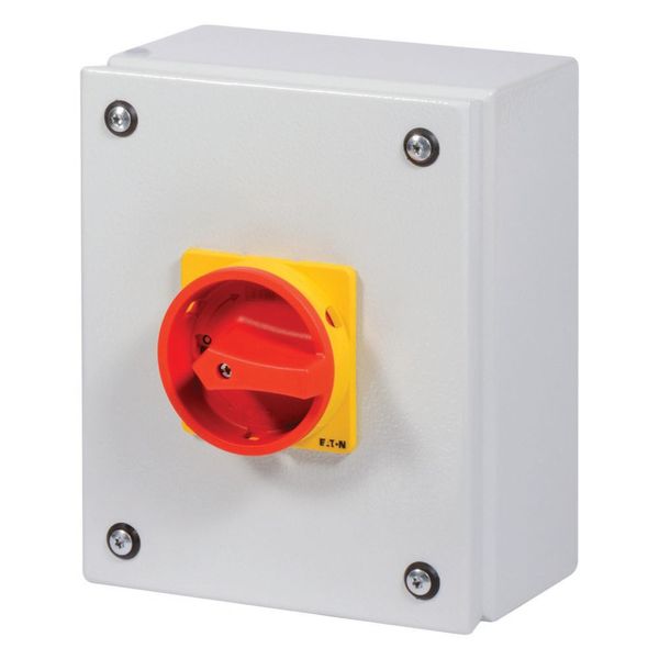 Main switch, P3, 63 A, surface mounting, 3 pole, Emergency switching off function, With red rotary handle and yellow locking ring, Lockable in the 0 ( image 7