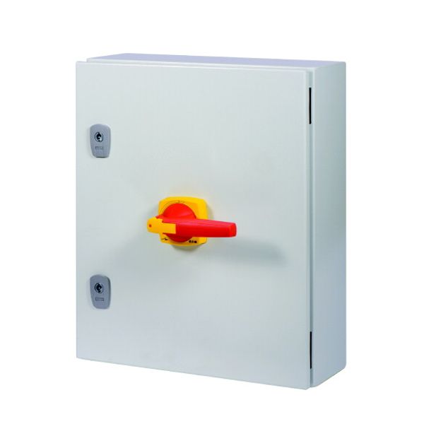 Switch-disconnector, DMV, 160 A, 3 pole, Emergency switching off function, With red rotary handle and yellow locking ring, in steel enclosure, 9 mm co image 2