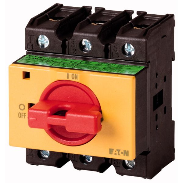 On-Off switch, P3, 63 A, service distribution board mounting, 3 pole + N, Emergency switching off function, with red thumb grip and yellow front plate image 1