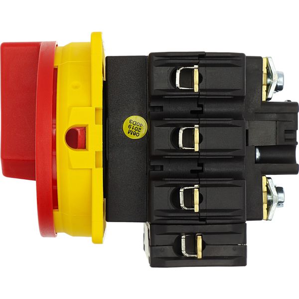 Main switch, P3, 100 A, flush mounting, 3 pole + N, Emergency switching off function, With red rotary handle and yellow locking ring, Lockable in the image 34