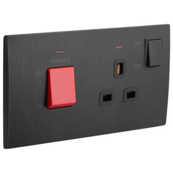 Mallia Senses 2 gang cooker unit control - 45A - with BS socket outlet - 13A - Brushed Black image 1