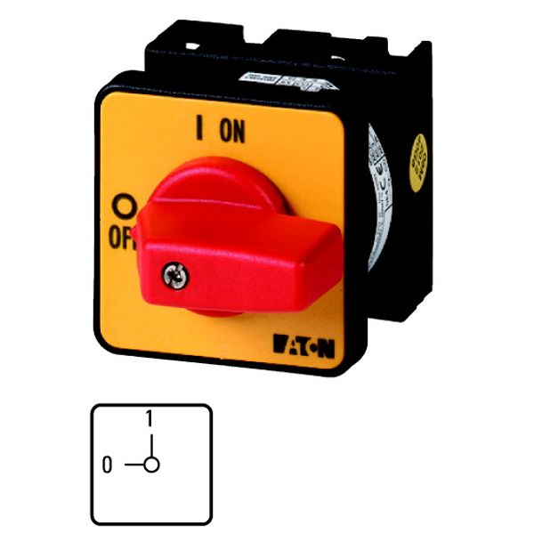 On-Off switch, T0, 20 A, flush mounting, 1 contact unit(s), 1 pole, Emergency switching off function, with red thumb grip and yellow front plate image 1