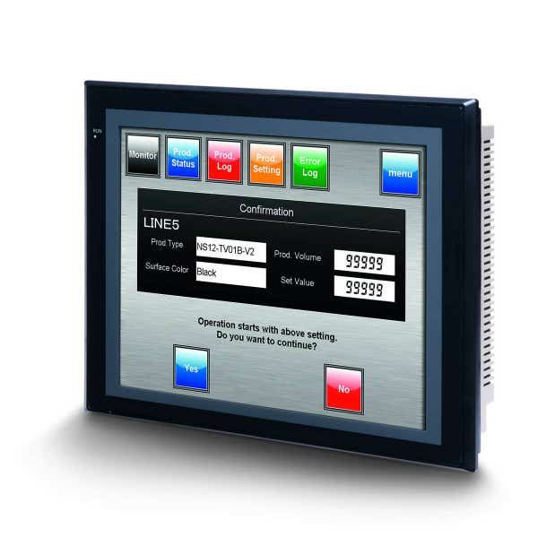 Touch screen HMI, 12.1 inch, TFT, 256 colors (32,768 colors for .BMP/.JPG), 800x600 pixels, 2 x RS-232C ports, 60MByte memory, 24 VDC, black case NS120010C image 1