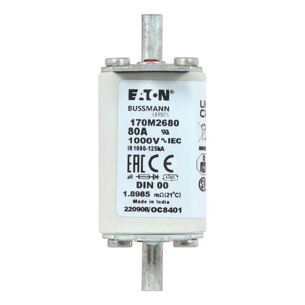 Fuse-link, high speed, 80 A, AC 1000 V, DIN 00, aR, DIN, IEC, single indicator, live gripping lugs image 20