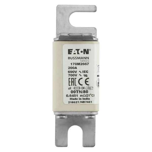 Fuse-link, high speed, 200 A, AC 690 V, DIN 00, aR, DIN, IEC, single indicator, live gripping lugs image 6