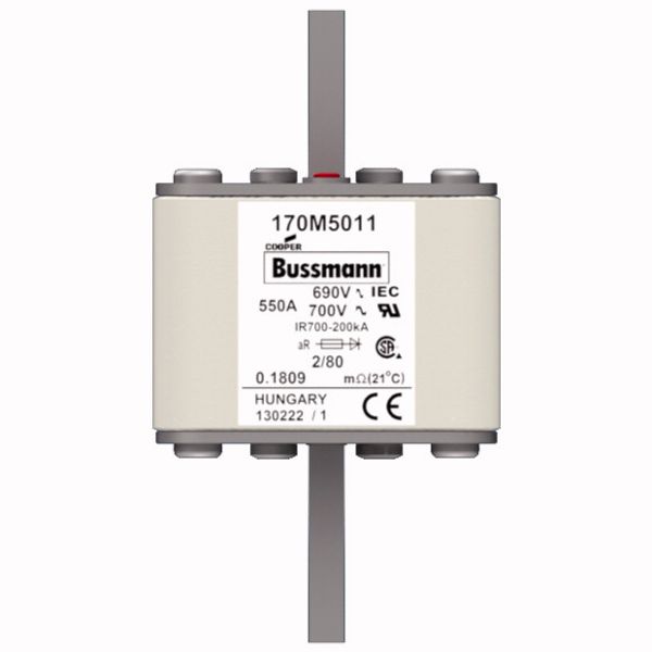 Fuse-link, high speed, 550 A, AC 690 V, DIN 2, 61 x 61 x 108 mm, aR, DIN, IEC, single indicator, 80 mm centres image 1