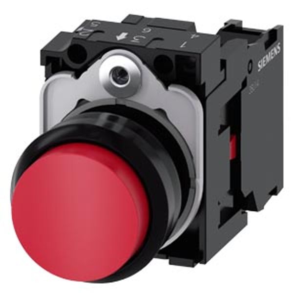 Pushbutton, 22 mm, round, plastic, red, pushbutton, raised, momentary contact type, with holder 1 NC, screw  3SU1100-0BB20-1CA0-Z Y15 image 1