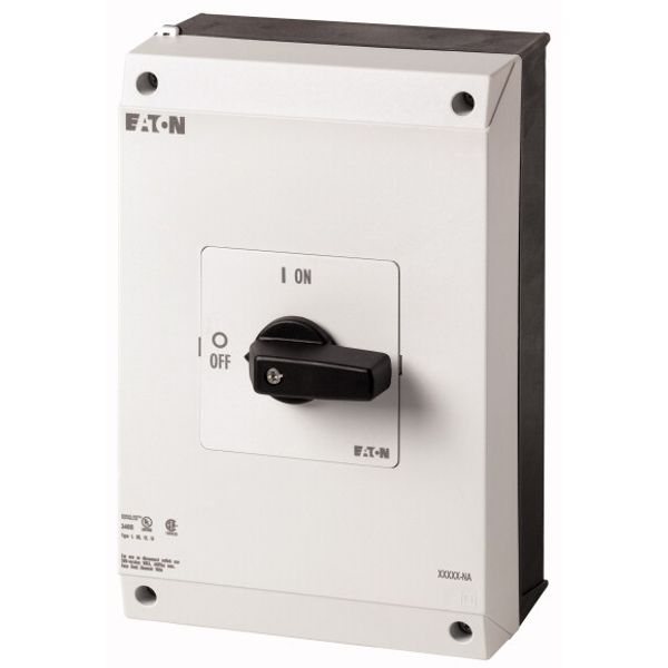 On-Off switch, P3, 63 A, surface mounting, 3 pole, 1 N/O, 1 N/C, with black thumb grip and front plate, UL/CSA image 1