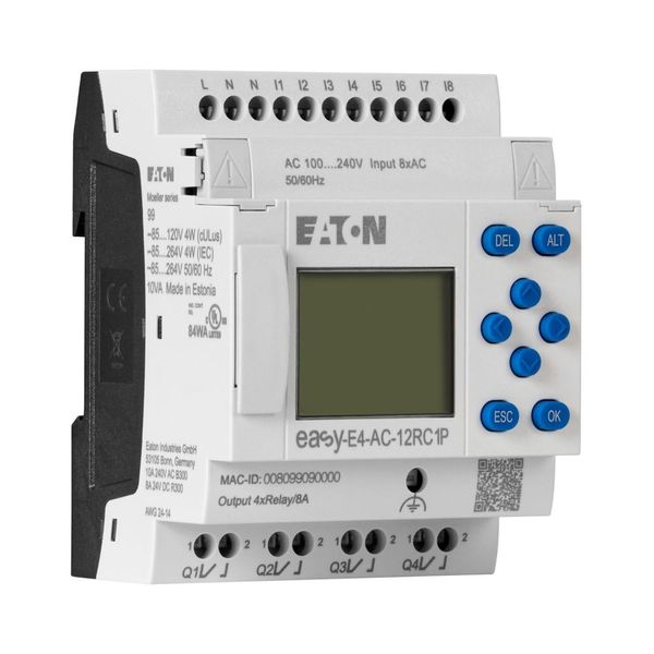 easyE4 control relay, basic unit with display (expandable, Ethernet), 100–240 VAC, 100–240 VDC (cULus: 100–110 VDC), digital inputs: 8, digital output image 13