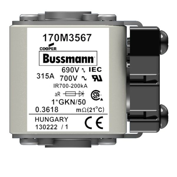 Fuse-link, high speed, 315 A, AC 690 V, compact size 1, 45 x 59 x 51 mm, aR, IEC, UL, type K indicator, 18 UNC image 1