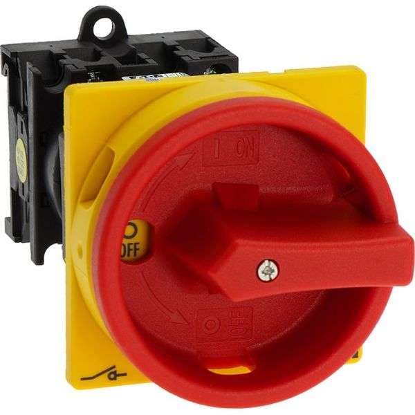 Main switch, T0, 20 A, rear mounting, 1 contact unit(s), 2 pole, Emergency switching off function, With red rotary handle and yellow locking ring, Loc image 8