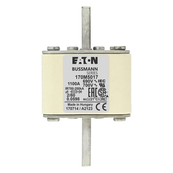 Fuse-link, high speed, 1100 A, AC 600 V, DIN 2, 61 x 61 x 108 mm, aR, DIN, IEC, single indicator, 80 mm centres image 16