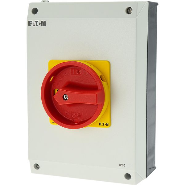 Main switch, T5B, 63 A, surface mounting, 4 contact unit(s), 6 pole, 1 N/O, 1 N/C, Emergency switching off function, With red rotary handle and yellow image 15