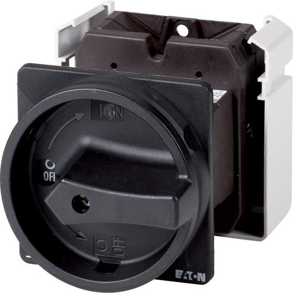 Main switch, T5, 100 A, rear mounting, 4 contact unit(s), 6 pole, 1 N/O, 1 N/C, STOP function, With black rotary handle and locking ring, Lockable in image 4