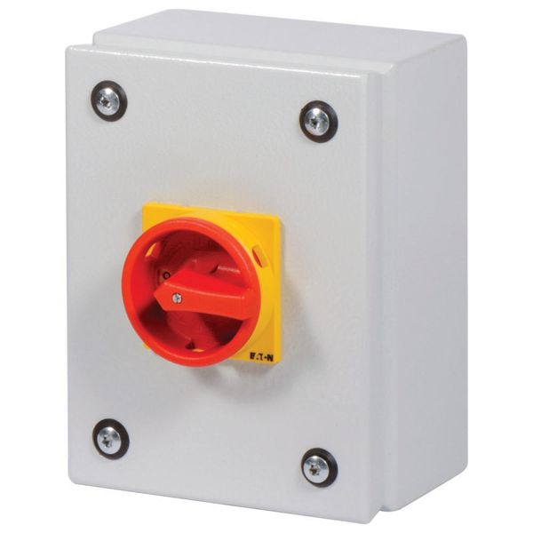 Main switch, P1, 25 A, surface mounting, 3 pole + N, Emergency switching off function, With red rotary handle and yellow locking ring, Lockable in the image 6