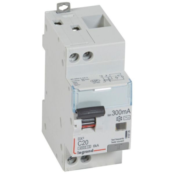 Differential circuit breaker DX³4500 high inlet and low outlet screw U+N 230V~ - 20A typeAC 300mA - curve C - 2 modules image 1