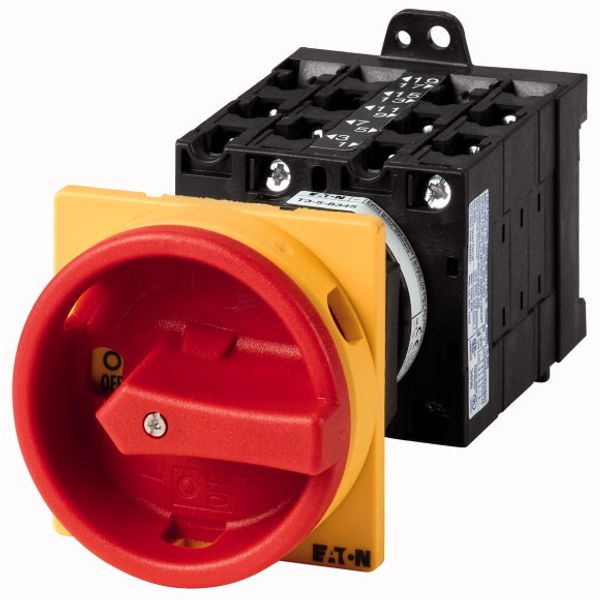 Main switch, T3, 32 A, rear mounting, 5 contact unit(s), 10-pole, Emergency switching off function, With red rotary handle and yellow locking ring image 1