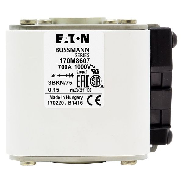 Fuse-link, high speed, 700 A, AC 1000 V, size 3, 74 x 92 x 76 mm, aR, IEC, UL, single indicator image 17