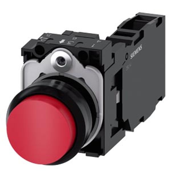 Pushbutton, 22 mm, round, plastic, red, pushbutton, raised, momentary contact type, with holder 1 NO+1 NC,  3SU1100-0BB20-1FA0-Z Y10 image 1