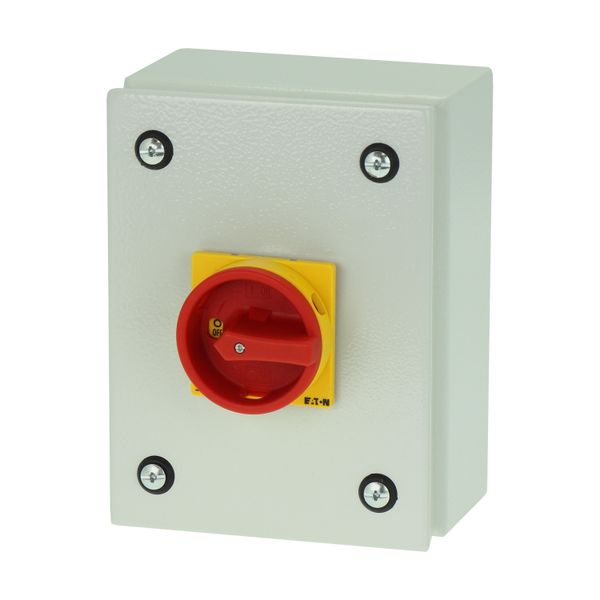 Main switch, P1, 40 A, surface mounting, 3 pole + N, Emergency switching off function, With red rotary handle and yellow locking ring, Lockable in the image 6