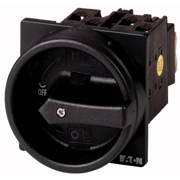 Main switch, T0, 20 A, flush mounting, 4 contact unit(s), 6 pole, 1 N/O, 1 N/C, STOP function, With black rotary handle and locking ring, Lockable in image 1