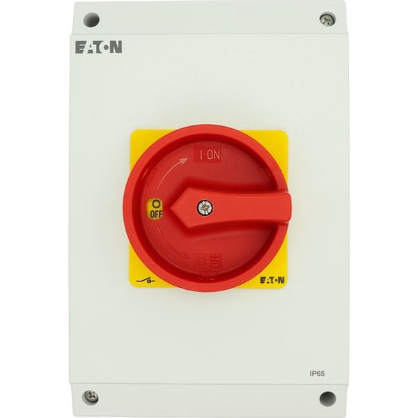 Main switch, P3, 100 A, surface mounting, 3 pole + N, Emergency switching off function, With red rotary handle and yellow locking ring, Lockable in th image 3