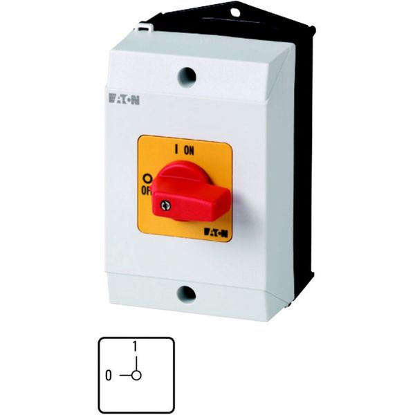 On-Off switch, T0, 20 A, surface mounting, 2 contact unit(s), 3 pole + N, Emergency switching off function, with red thumb grip and yellow front plate image 6