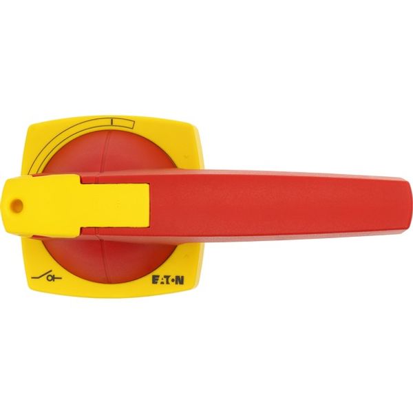 Switch-disconnector, DMV, 250 A, 3 pole, Emergency switching off function, With red rotary handle and yellow locking ring, With metal shaft for a cont image 1