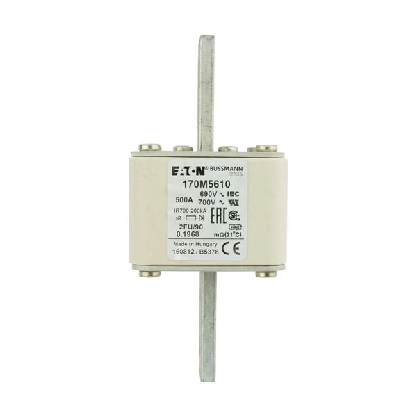 Fuse-link, high speed, 500 A, AC 690 V, size 2, 61 x 77 x 135 mm, aR, IEC, UL, no indicator, 90 mm centres image 8