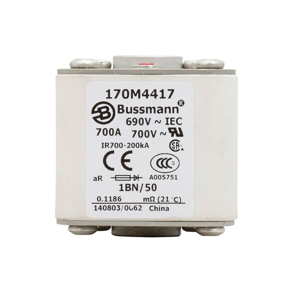 Fuse-link, high speed, 700 A, AC 690 V, size 1, 53 x 69 x 51 mm, aR, IEC, UL, single indicator, flush end, M8 image 14