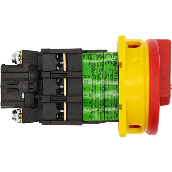 Main switch, P1, 32 A, flush mounting, 3 pole, Emergency switching off function, With red rotary handle and yellow locking ring, Lockable in the 0 (Of image 3