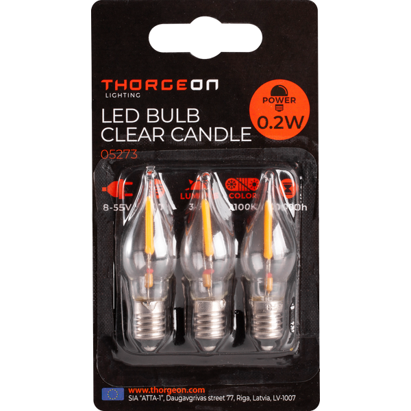 LED Bulb Clear Candle 0.2W E10 8-55V 12Lm 2100K THORGEON image 1