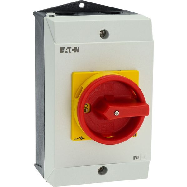 Main switch, T3, 32 A, surface mounting, 4 contact unit(s), 6 pole, 1 N/O, 1 N/C, Emergency switching off function, With red rotary handle and yellow image 28