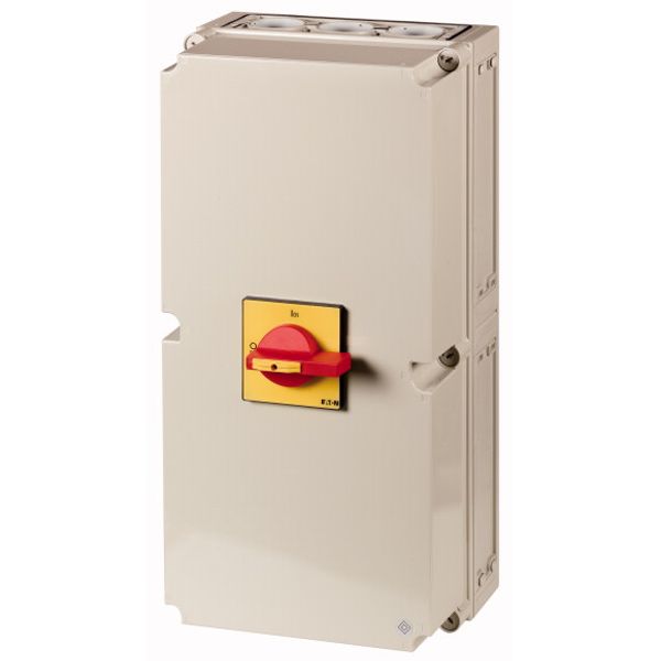 Main switch, T8, 315 A, surface mounting, 3 contact unit(s), 6 pole, 1 N/O, 1 N/C, Emergency switching off function, With red rotary handle and yellow image 1
