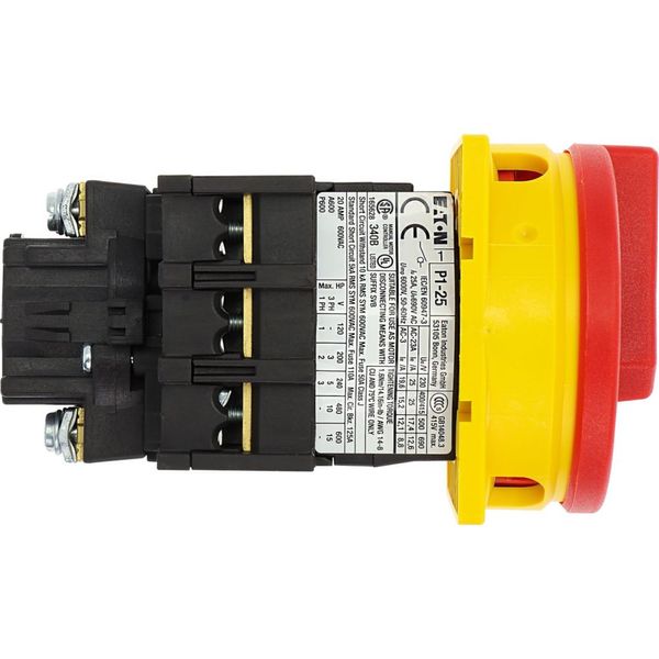 Main switch, P1, 25 A, flush mounting, 3 pole, Emergency switching off function, With red rotary handle and yellow locking ring, Lockable in the 0 (Of image 39