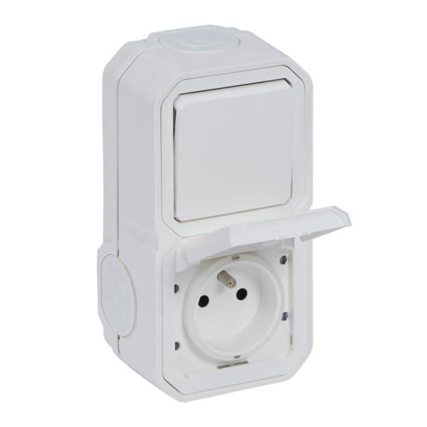 Plexo Standard Franco-Belgian power socket 16A 250V + 10AX two-way switch - Complete surface - White - IP55 - IK08 image 1