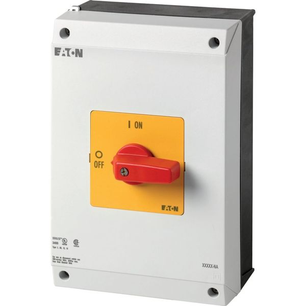 On-Off switch, P3, 100 A, surface mounting, 3 pole, Emergency switching off function, with red thumb grip and yellow front plate, UL/CSA image 7