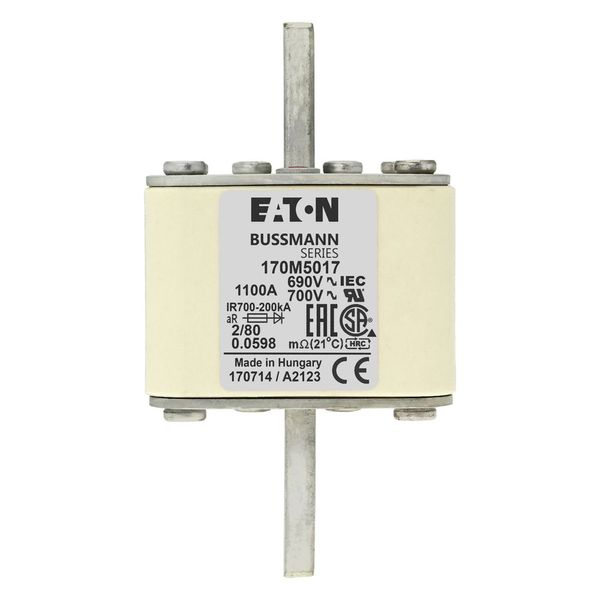 Fuse-link, high speed, 1100 A, AC 600 V, DIN 2, 61 x 61 x 108 mm, aR, DIN, IEC, single indicator, 80 mm centres image 7